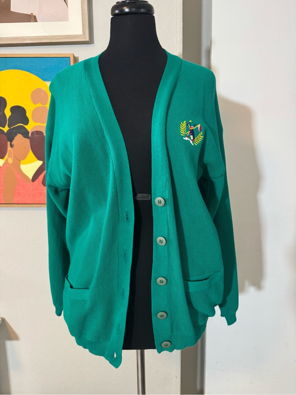 Vintage Green Embroidered Golf Button-Up Cardigan